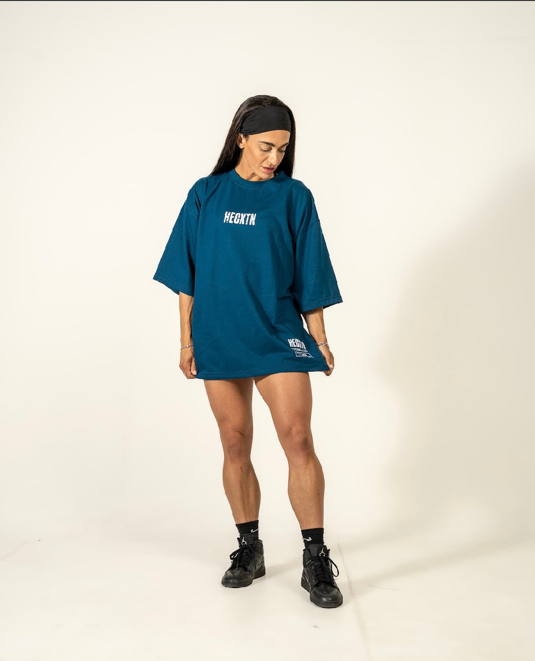 Relaxed Oversized Aqua Blue & White HECXTN T-Shirt.
