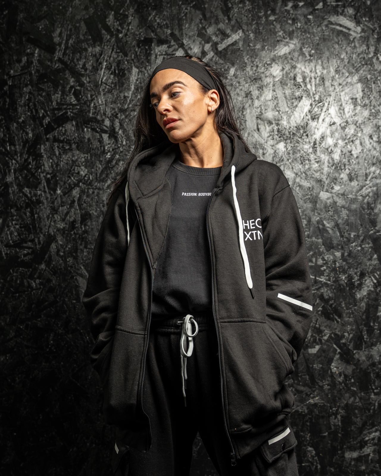 HECXTN Black & White Zip up Tag Hood.